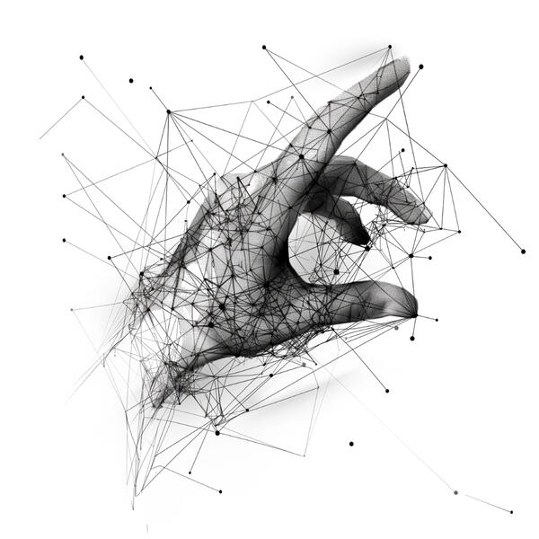 Black and white image of a hand with dots overlayed over the top